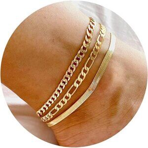 Gold Ankle Bracelets Set for Women Waterproof, 14K Gold Anklets for Women Cuban